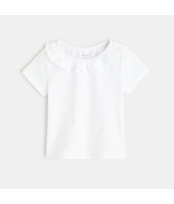 White fancy knit ruffled neck T-shirt