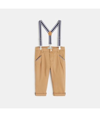 Baby boy's brown textured cotton trousers with clip-on braces