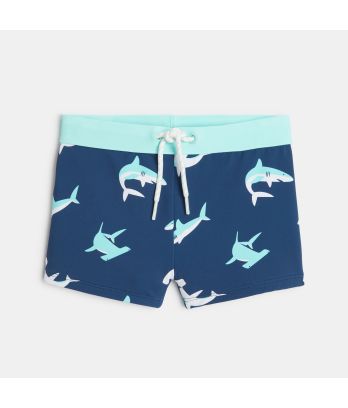 Boy's blue printed boxer-style swimming shorts