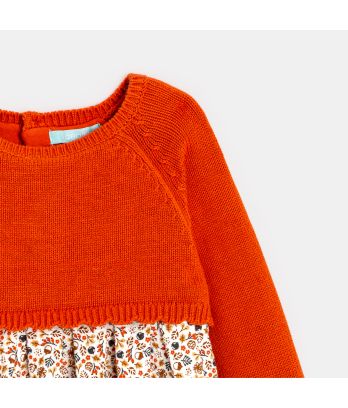 Baby girls' orange floral seersucker and knitted fabric bi-material dress