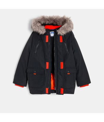 Boys' grey padded parka with hood.
