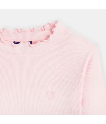 Girls' pink ribbed T-shirt with heart embroidery