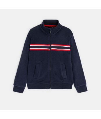 Boy's blue zip-up sweatshirt with stand-up collar