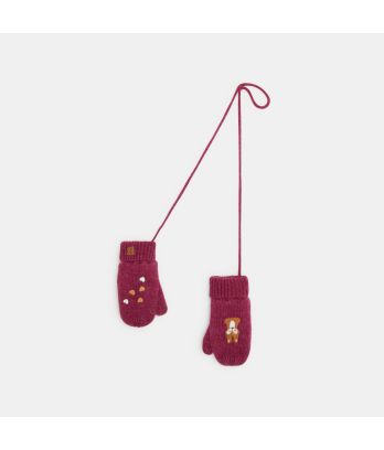 Baby girls' pink knitted fox-themed mittens with fleece lining