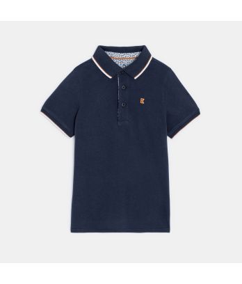 Boy's navy blue cotton piqué polo shirt with short sleeves