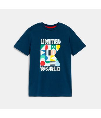 Boy's blue slogan T-shirt with short sleeves