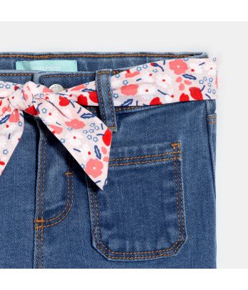 Baby girl's blue denim wide-legged jeans with floral belt