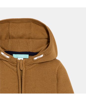 Baby boy's brown knitted cardigan with hood
