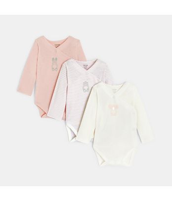 Baby girl’s long-sleeved criss-cross bodysuit (set of 3)