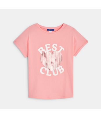 Girl's pink sequinned T-shirt with short sleeves