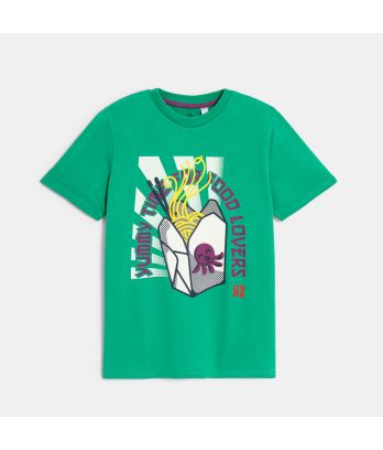 Boy's green Japanese-style patterned T-shirt with short sleeves