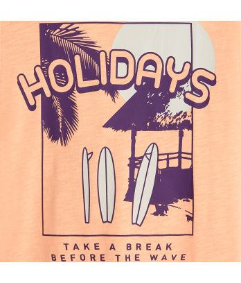Boy's orange holiday motif T-shirt with short sleeves