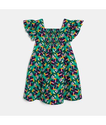Girl's green printed smocked dress