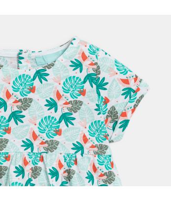 Baby girl's green tropical print jersey cotton dress