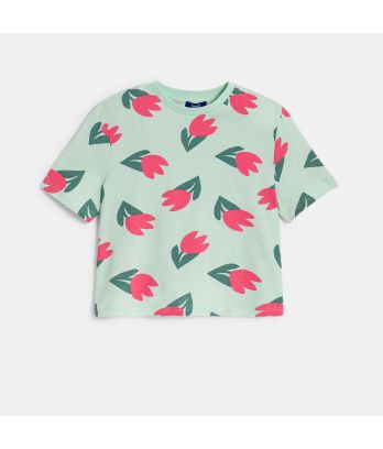 Girls' green tulip motif T-shirt