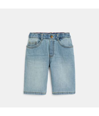Boy's blue denim faded slim-fit Bermuda shorts