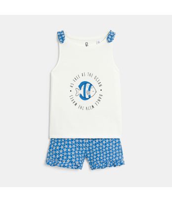 Girl's white and blue fish motif pyjama short set