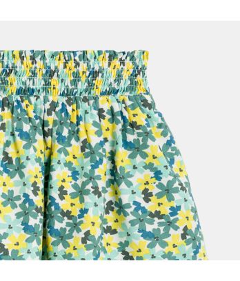 Girl's short green ruffled floral motif skirt