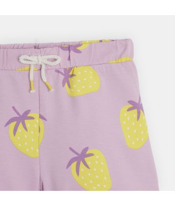 Girl's mauve fleece shorts with strawberry motif