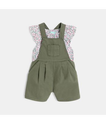 Baby girl's khaki short overalls and peacock blouse