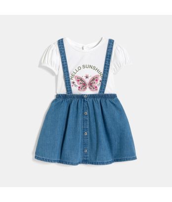 Baby girl's blue denim skirt with braces and white Tshirt