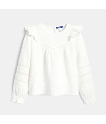 Girl's white cotton gauze blouse with ruffles