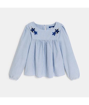 Girl's blue striped, embroidered blouse