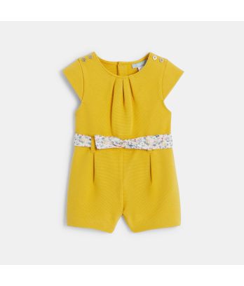 Baby girl's yellow textured playsuit with floral belt