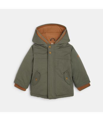 Baby boy's 2-in-1 effect khaki green peach-skin fabric parka