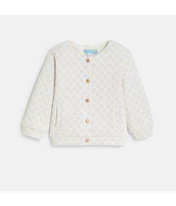 Baby girl's warm white fleece-lined knitted shiny cardigan.