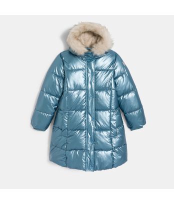 Girl's blue, longline water-repellant down jacket