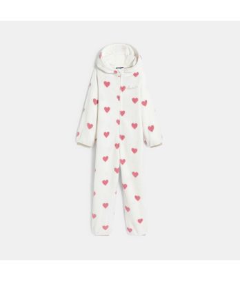 Girl's white fleece all-in-one pyjamas with heart motif