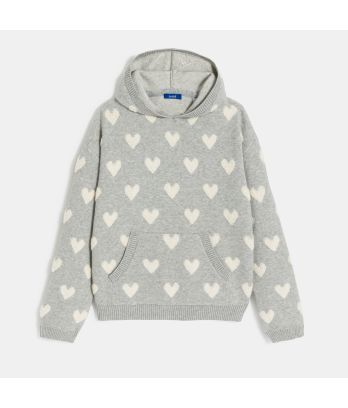 Girl's grey heart motif hooded jumper