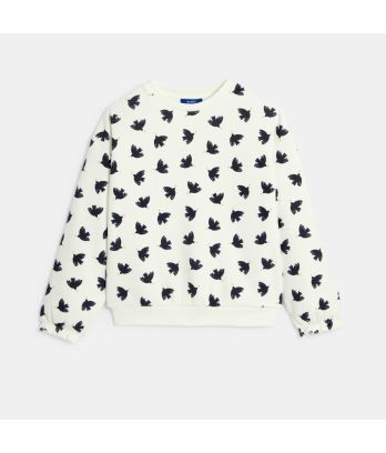 Girl's white bird motif fleece sweatshirt
