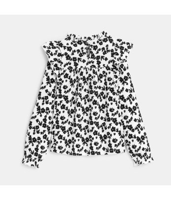 Girl's black printed ruffle blouse