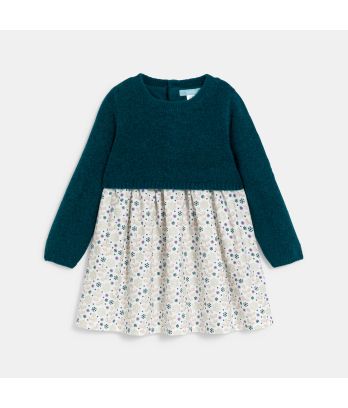Baby girl's green knit and jersey two-fabric dress