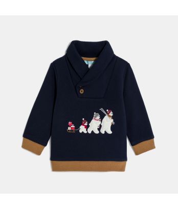 Baby boy's blue bear fleece sweatshirt with shawl collar
