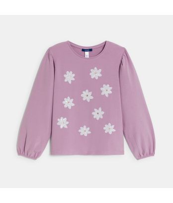 Girl's mauve T-shirt with sequin motif