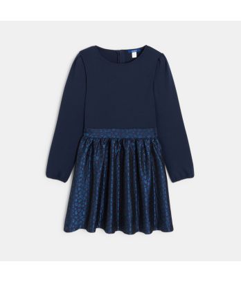 Girl's chic navy blue two-fabric dress
