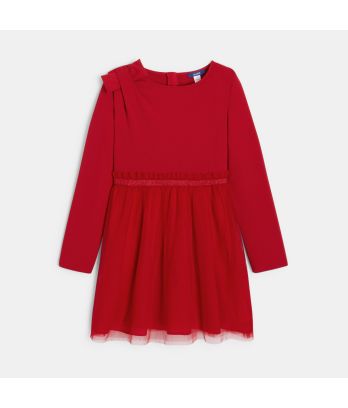 Girl's elegant red two-fabric dress