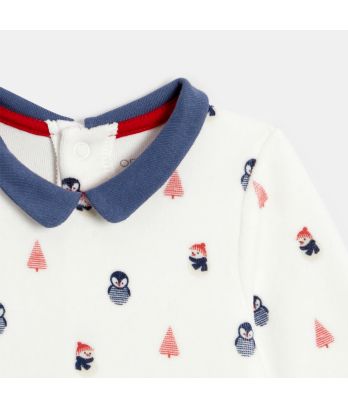 Baby boy's blue velvet penguin sleepsuit and cardigan