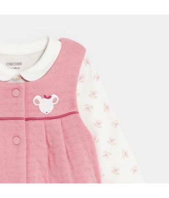 Newborn girls knitted mouse overalls and pink floral bodysuit
