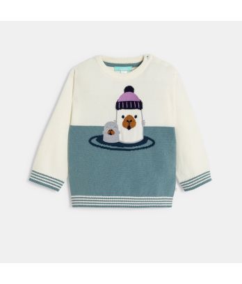 Baby boy's blue knitted seal jumper