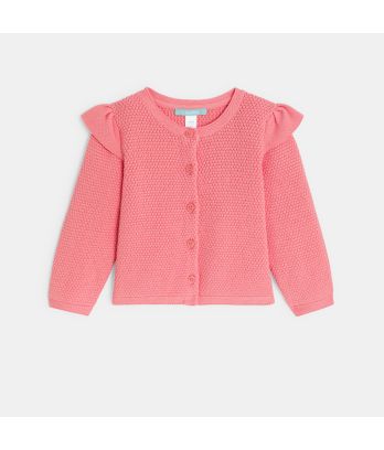 Baby girl's orange patterned knit cardigan with ruffles and glitter