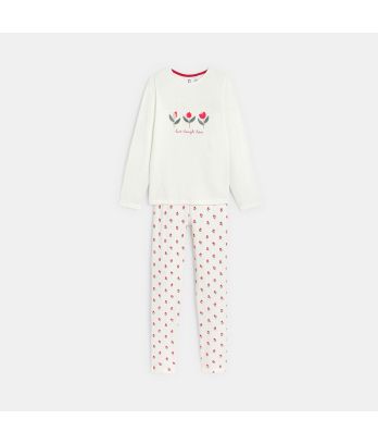 Girl's white printed jersey 2-piece pyjamas