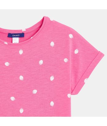 Girl's white short-sleeve strawberry motif T-shirt