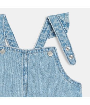 Baby girl blue denim dungaree dress, straight cut.
