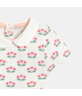 Baby girl's short-sleeve, white floral bodysuit with small collar (pack of 3)