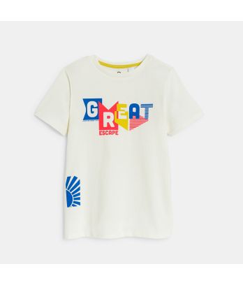 Boy's white slogan T-shirt with short sleeves