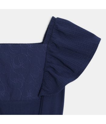 Girl's navy blue short-sleeved embroidered romper